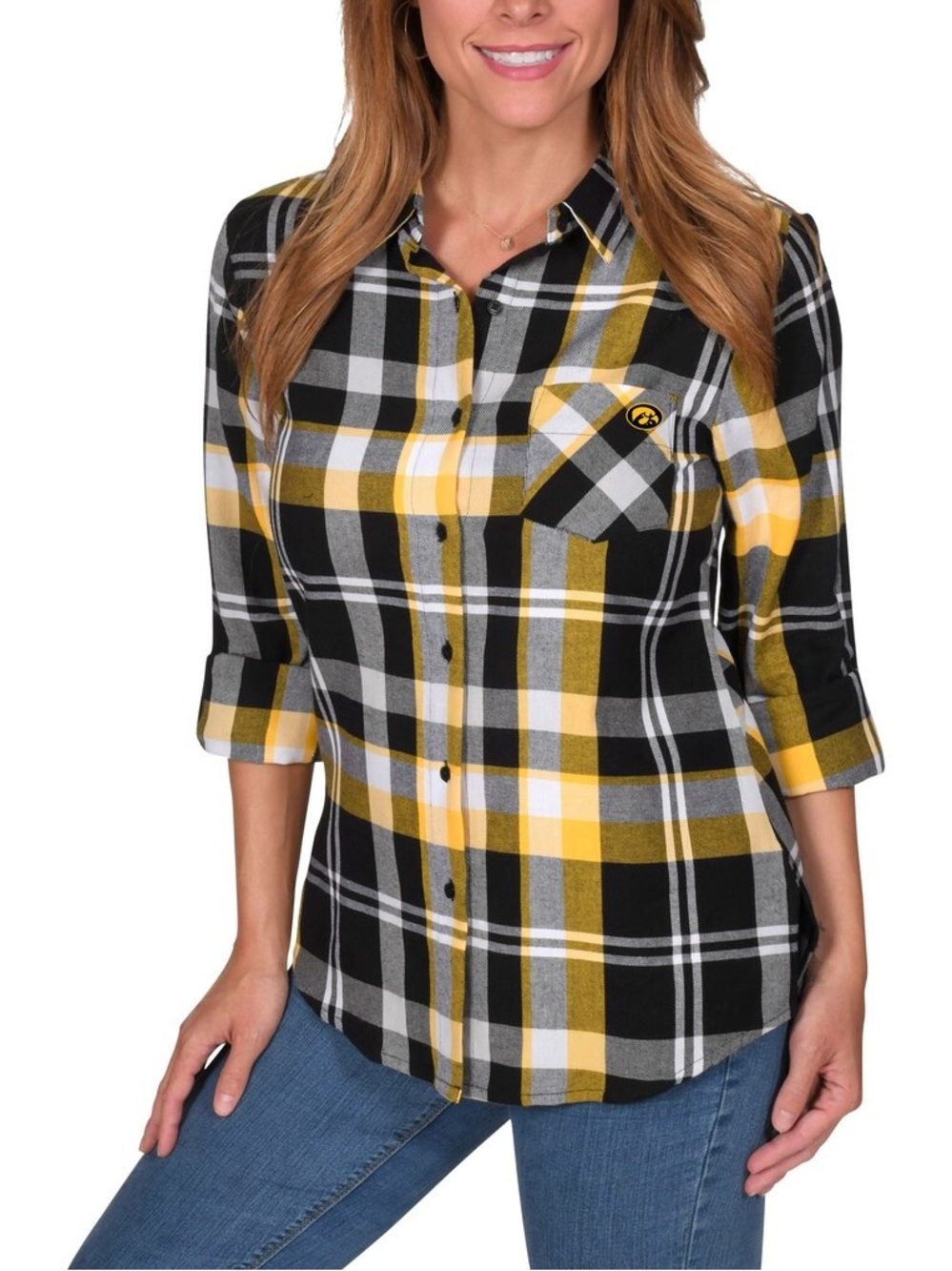 Iowa Hawkeyes Boyfriend Plaid Flannel Button-Up Roll Tab Long Sleeve Shirt Small